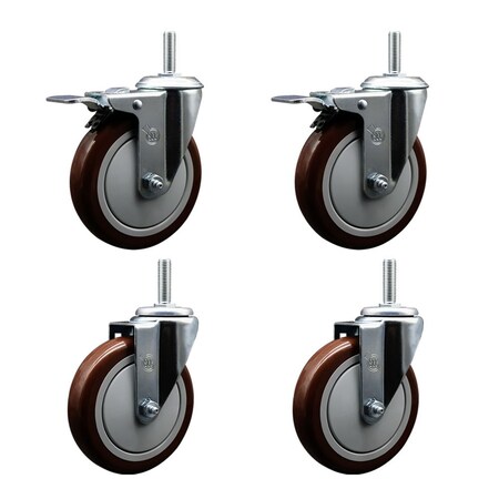 Service Caster 5 Inch Maroon Polyurethane Swivel 34 Inch Threaded Stem Caster Set 2 Total Lock Brakes SCC-TSTTL20S514-PPUB-MRN-34212-2-S-2